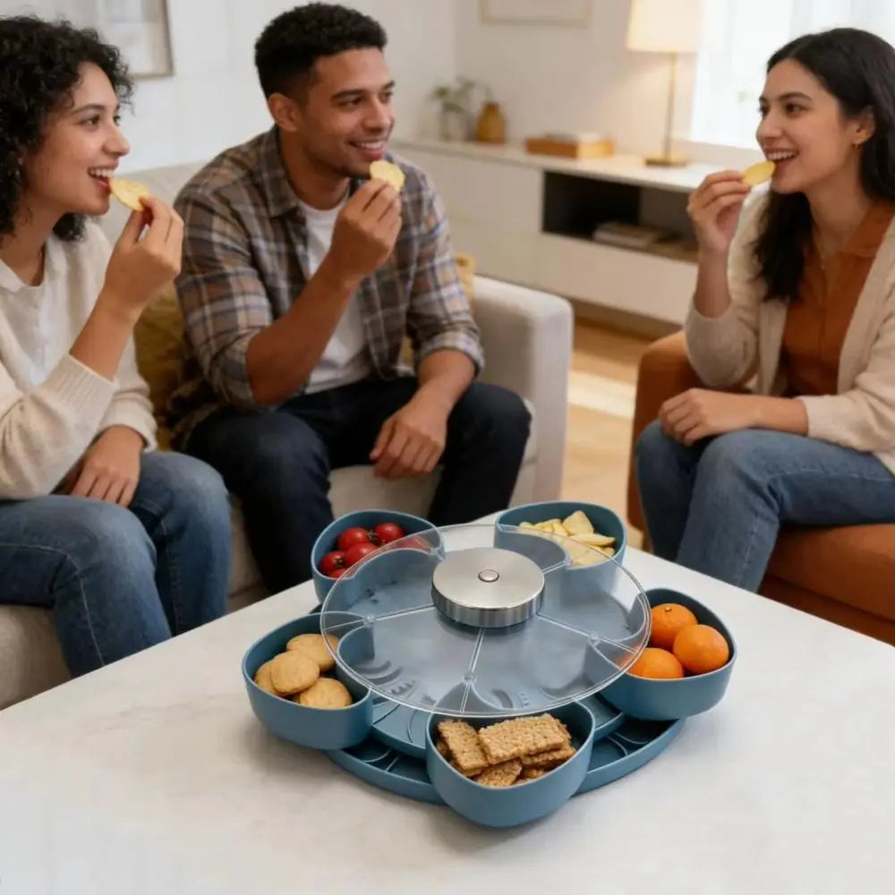Rotating Snack Tray with Lid — 5-Compartment Lazy Susan for Parties & Entertaining